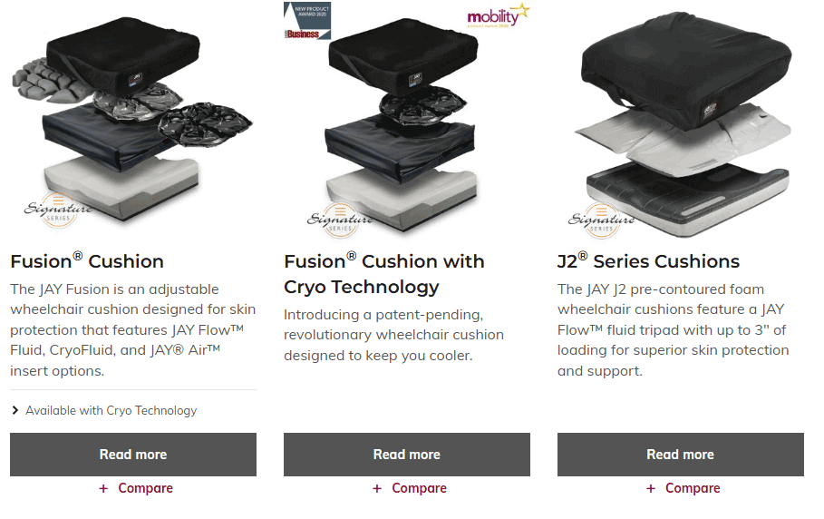 Screenshot of Sunrise Medical website showing compare functionality
