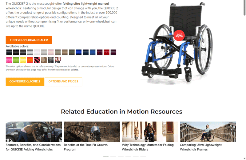 Screenshot of Sunrise Medical website showing related Education in Motion content