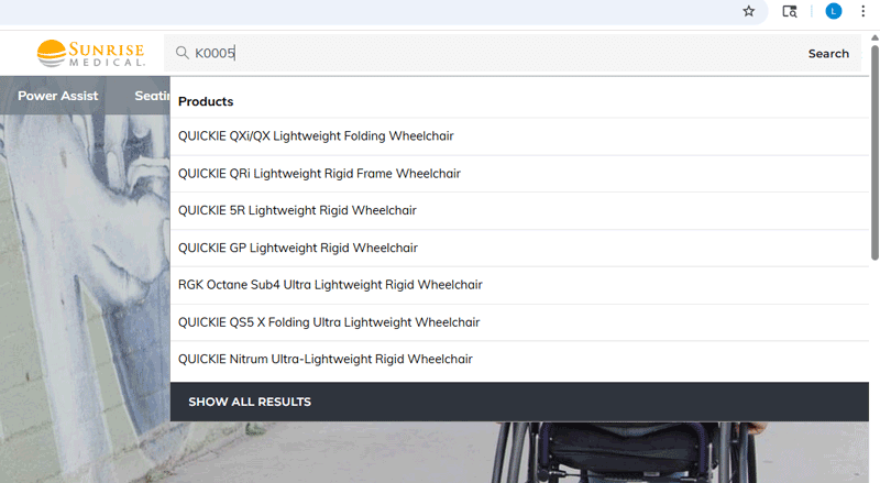 Screenshot of Sunrise Medical website showing search functionality