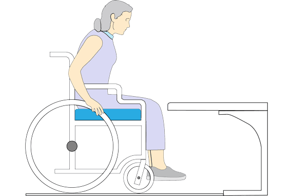 Illustration of a woman in her wheelchair unable to fit under a table