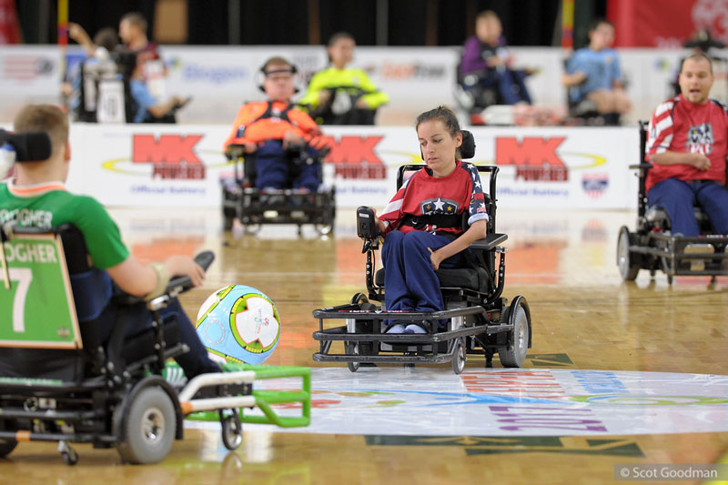 Natalie playing power soccer. Photo by Scot Goodman